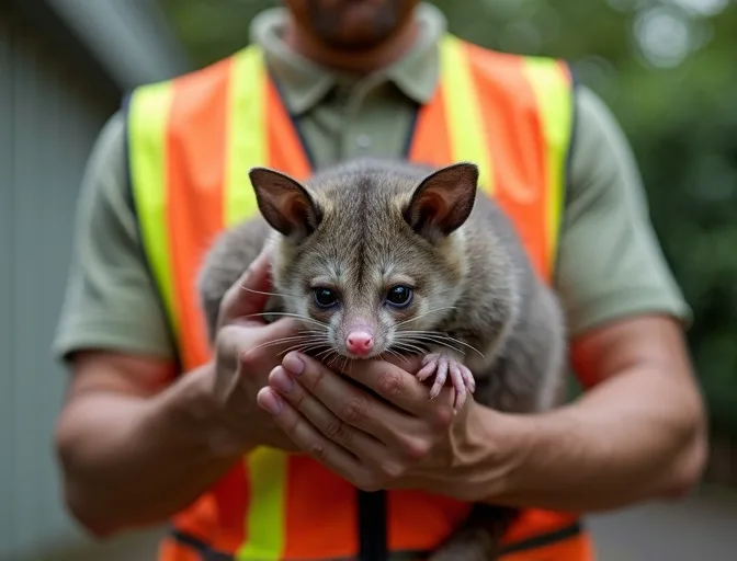 Animal handler safely recovering a deceased possum in Seaholme