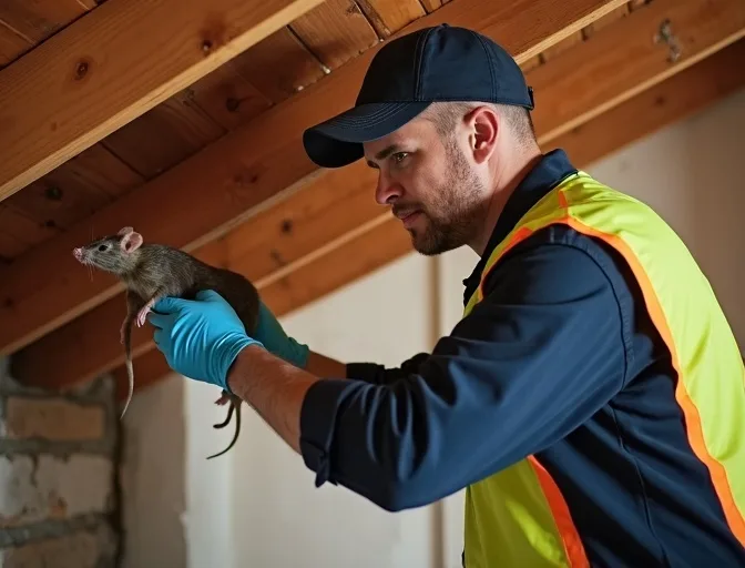 Technician inspecting a roof cavity for a dead rat in Seaholme
